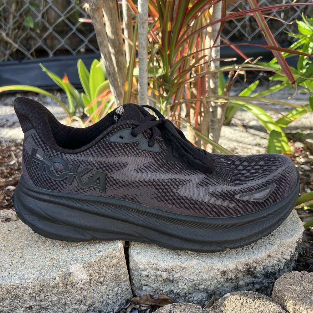HOKA One One Clifton 9 Cushioned Road Running Shoes Triple Black Men's US 9.5